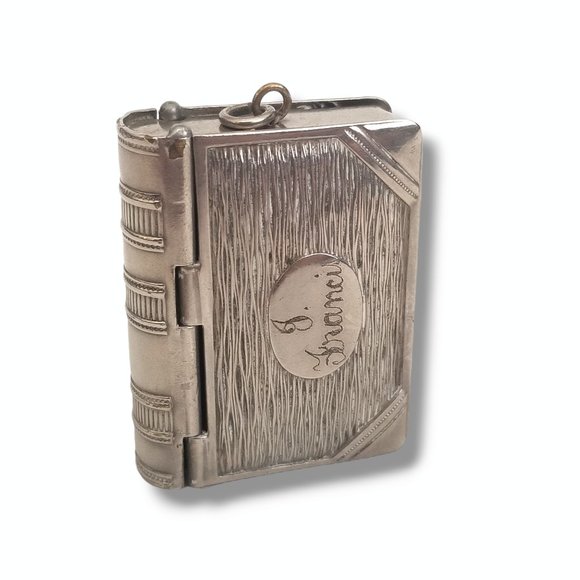 Antique 19th c. Silver Plated Book Vesta Case Pendant Engraved - Picture 11 of 13